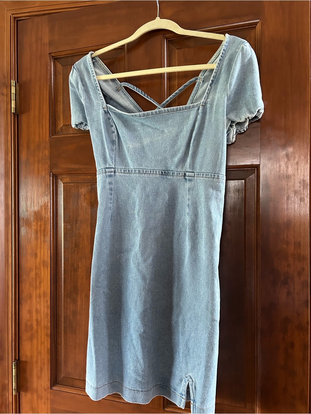 Hollister Blue Denim Square-Neck Mid Dress with Puff Sleeves
